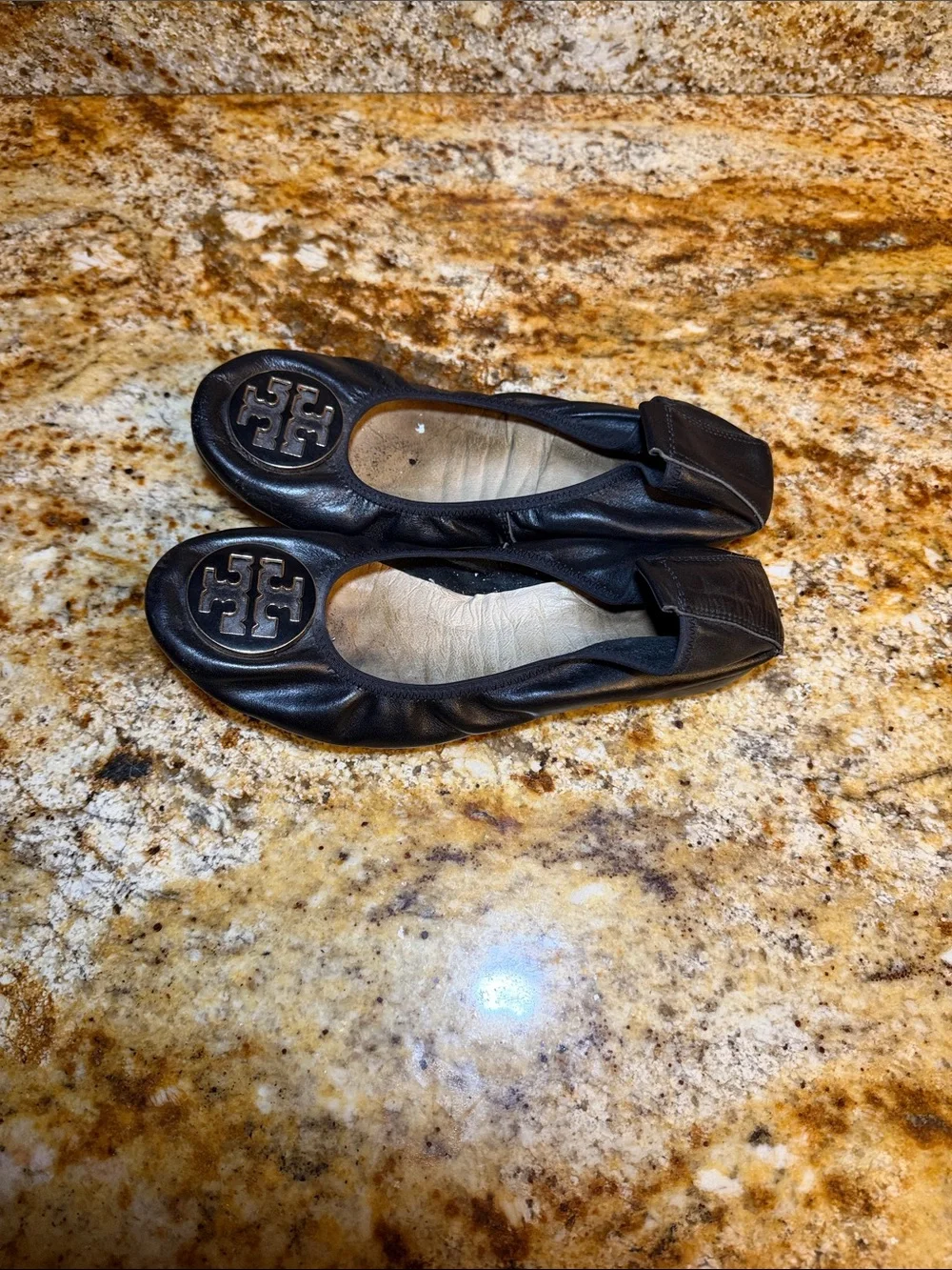 Tory Burch Black Leather Logo Ballet Flats